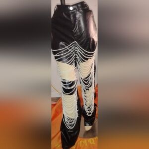 Pearl-Draped  Black  Statement Pants